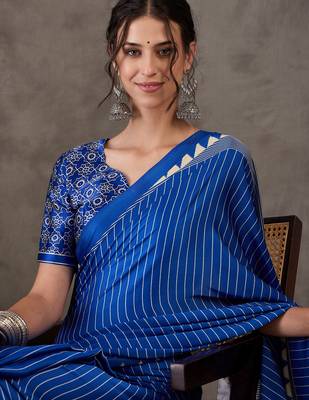 Blue color Pre Pleated semi modal saree with unstitched designer blouse 4