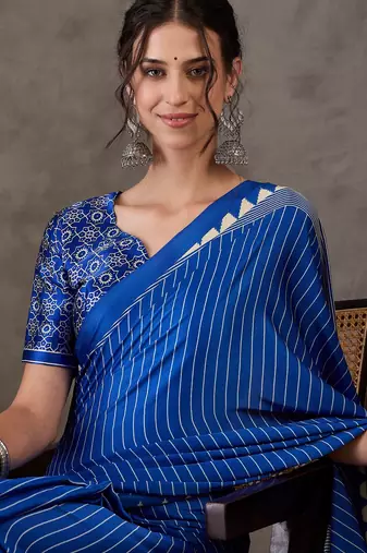 Blue color Pre Pleated semi modal saree with unstitched designer blouse