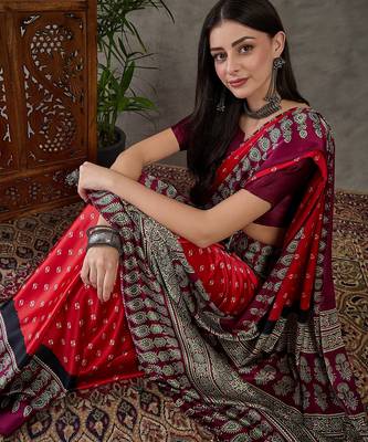 Red color Pre Pleated semi modal saree with unstitched designer blouse 3