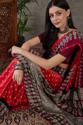 Red color Pre Pleated semi modal saree with unstitched designer blouse