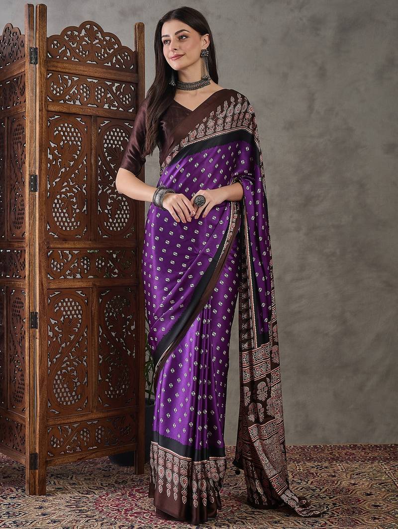 Brown color ready to wear semi modal saree with unstitched designer blouse