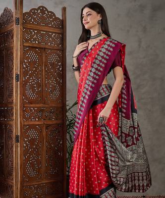 Red color Pre Pleated semi modal saree with unstitched designer blouse 4