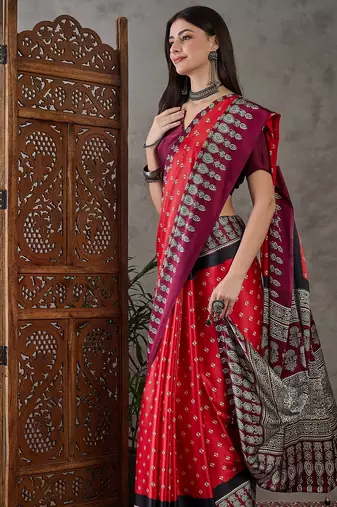Red color Pre Pleated semi modal saree with unstitched designer blouse
