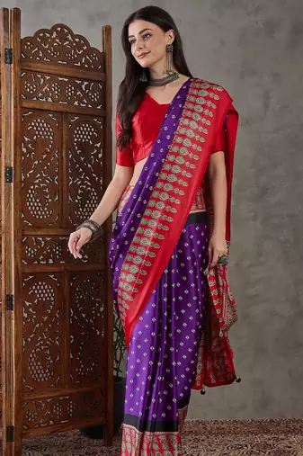 Purple color ready to wear semi modal saree with unstitched designer blouse