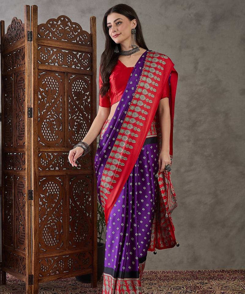 Purple color ready to wear semi modal saree with unstitched designer blouse