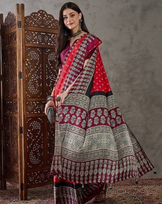 Red color Pre Pleated semi modal saree with unstitched designer blouse 5