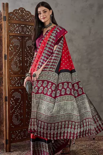 Red color Pre Pleated semi modal saree with unstitched designer blouse