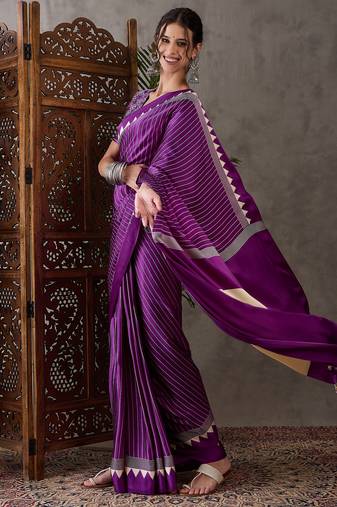 Purple color ready to wear semi modal saree with unstitched designer blouse
