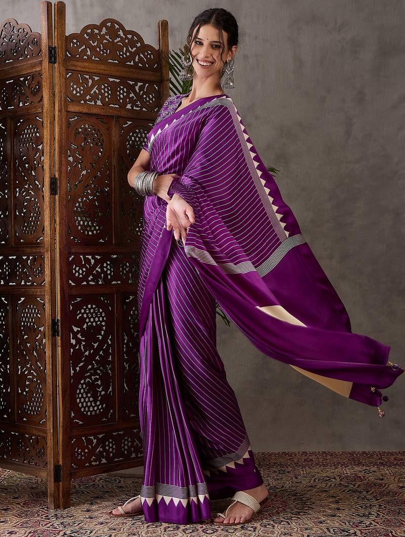 Purple color ready to wear semi modal saree with unstitched designer blouse
