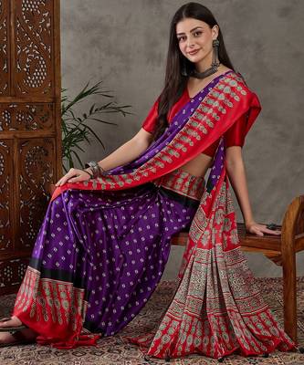 Purple color Pre Stitched semi modal saree with unstitched designer blouse 3