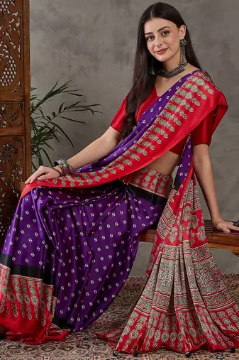 Purple color Pre Stitched semi modal saree with unstitched designer blouse