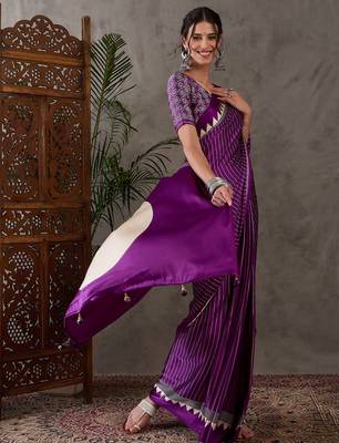 Purple color Pre Pleated semi modal saree with unstitched designer blouse 2