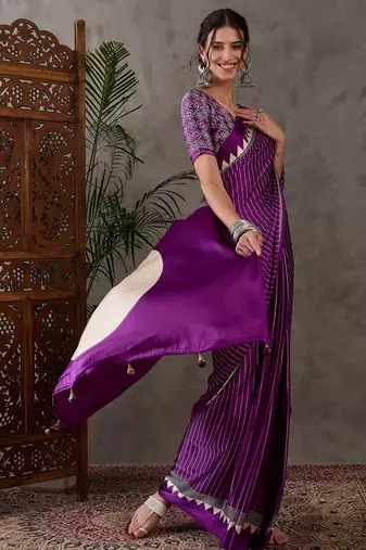 Purple color Pre Pleated semi modal saree with unstitched designer blouse