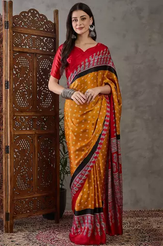 Yellow color ready to wear semi modal saree with unstitched designer blouse