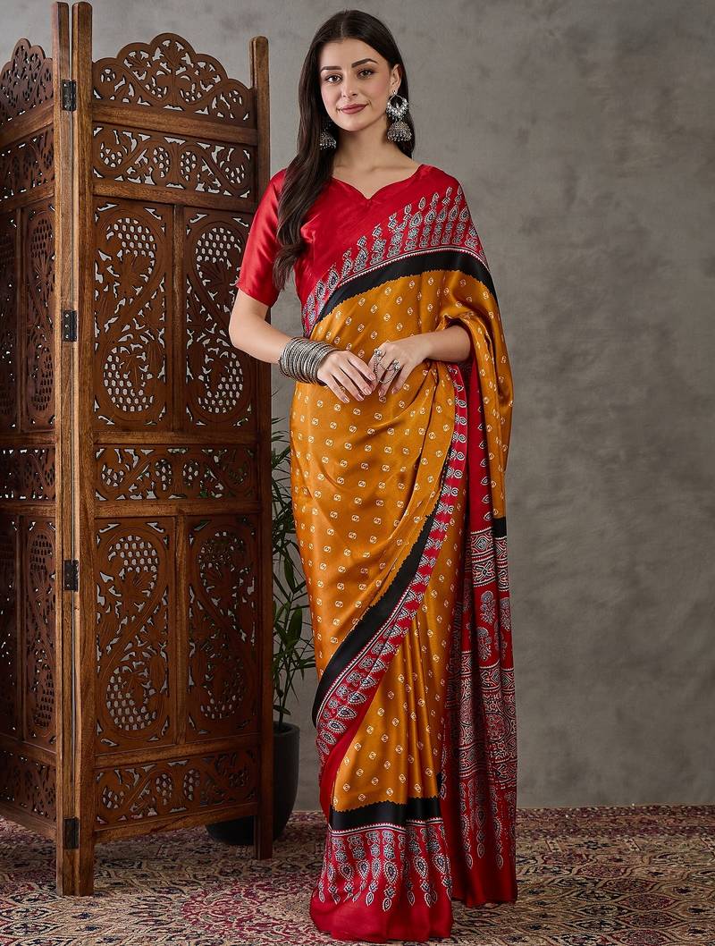 Yellow color ready to wear semi modal saree with unstitched designer blouse