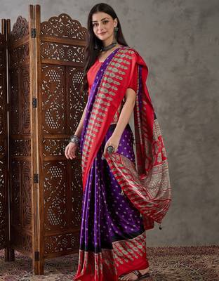 Purple color Pre Stitched semi modal saree with unstitched designer blouse 4