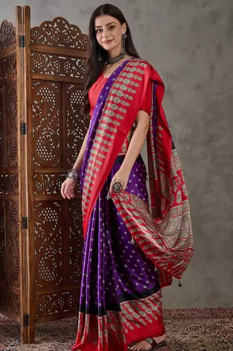 Purple color Pre Stitched semi modal saree with unstitched designer blouse