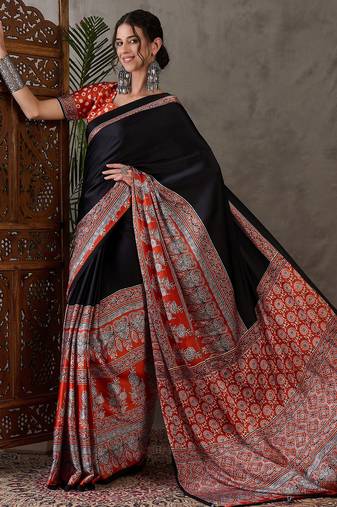 Salmon color ready to wear semi modal saree with unstitched designer blouse