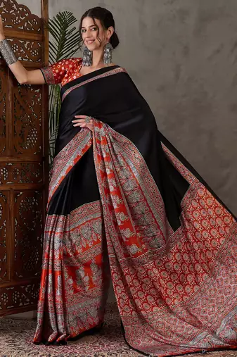 Salmon color ready to wear semi modal saree with unstitched designer blouse