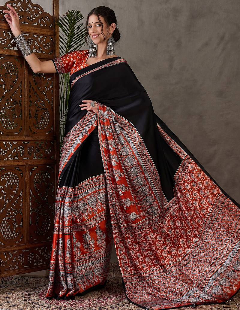 Salmon color ready to wear semi modal saree with unstitched designer blouse