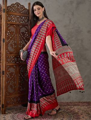 Purple color Pre Stitched semi modal saree with unstitched designer blouse 5