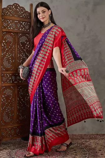 Purple color Pre Stitched semi modal saree with unstitched designer blouse