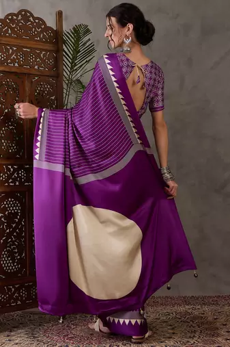 Purple color Pre Pleated semi modal saree with unstitched designer blouse