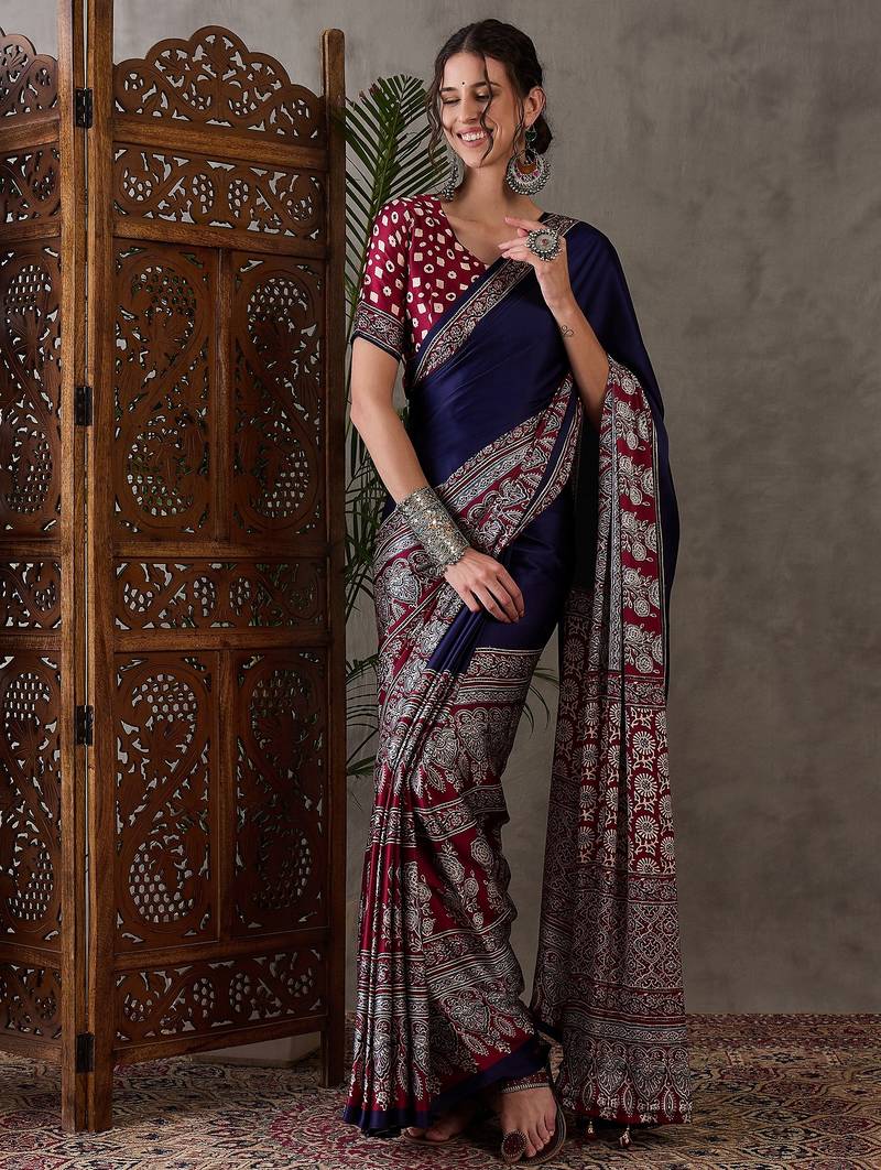 Blue color ready to wear semi modal saree with unstitched designer blouse