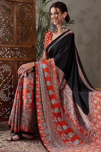 salmon ready to wear semi modal saree with designer blouse