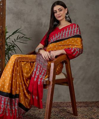 Yellow color Pre Stitched semi modal saree with unstitched designer blouse 3