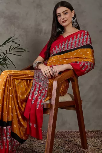 Yellow color Pre Stitched semi modal saree with unstitched designer blouse