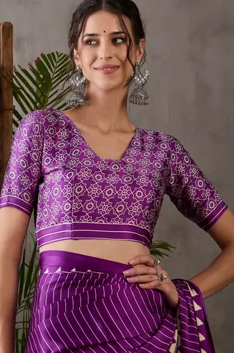 Purple color Pre Pleated semi modal saree with unstitched designer blouse