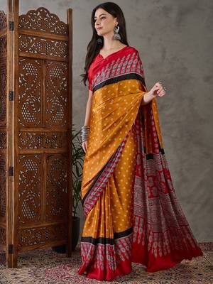Yellow color Pre Stitched semi modal saree with unstitched designer blouse 4