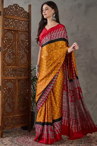 Yellow color Pre Stitched semi modal saree with unstitched designer blouse