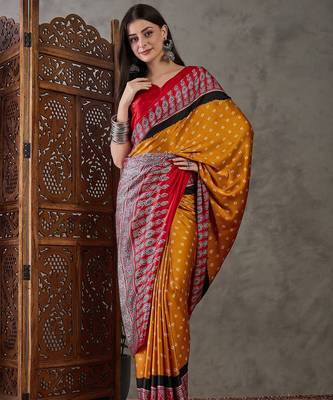 Yellow color Pre Stitched semi modal saree with unstitched designer blouse 5