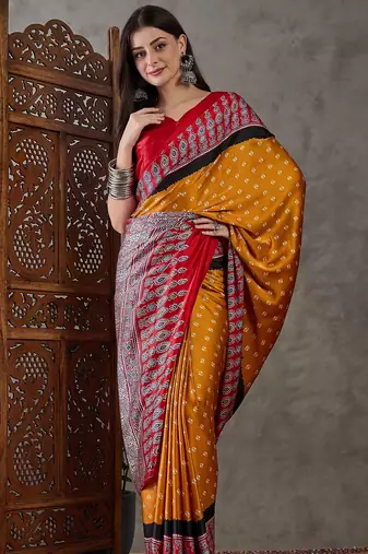 Yellow color Pre Stitched semi modal saree with unstitched designer blouse
