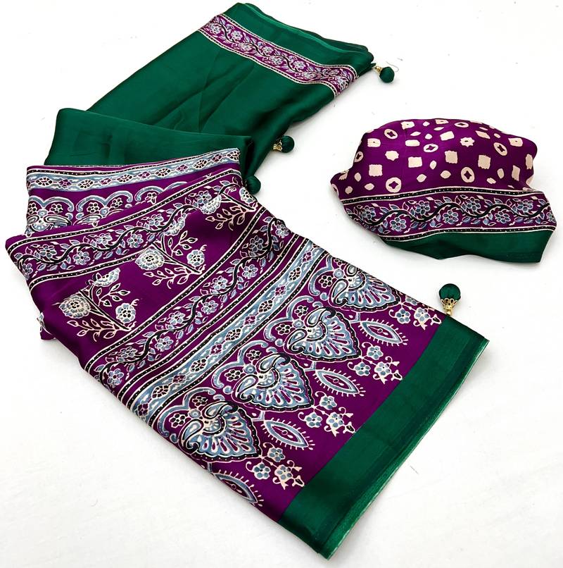 Green color ready to wear semi modal saree with unstitched designer blouse