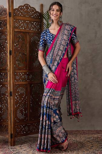 Pink color ready to wear semi modal saree with unstitched designer blouse