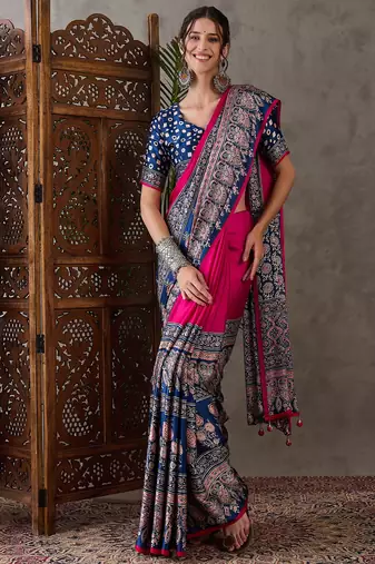 Pink color ready to wear semi modal saree with unstitched designer blouse