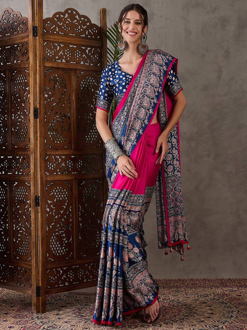 Pink color ready to wear semi modal saree with unstitched designer blouse
