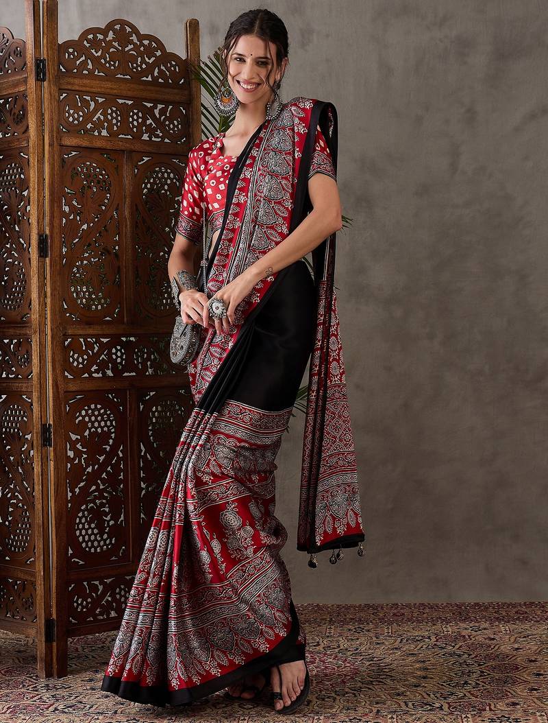 Black color ready to wear semi modal saree with unstitched designer blouse