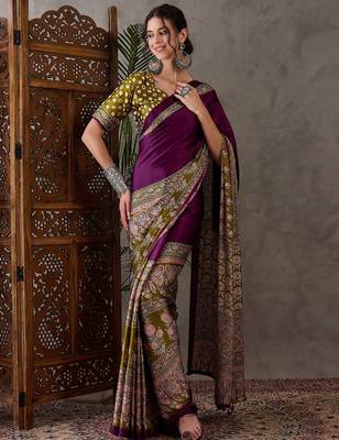 Wine color Pre Stitched semi modal saree with unstitched designer blouse 1