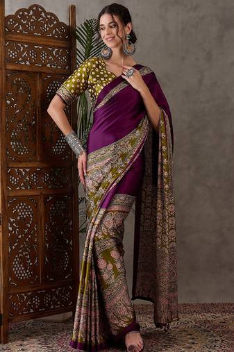 Wine color ready to wear semi modal saree with unstitched designer blouse