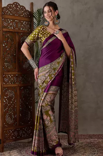 Wine color ready to wear semi modal saree with unstitched designer blouse