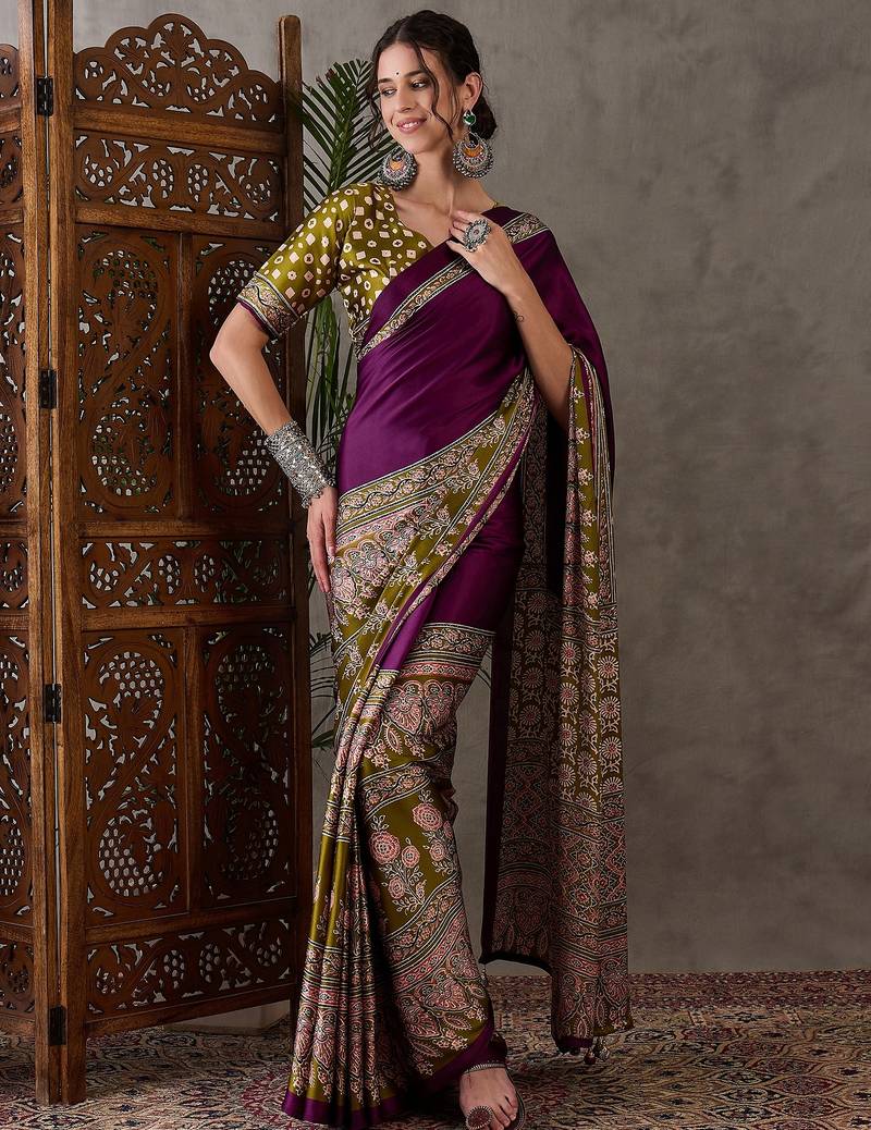 Wine color ready to wear semi modal saree with unstitched designer blouse