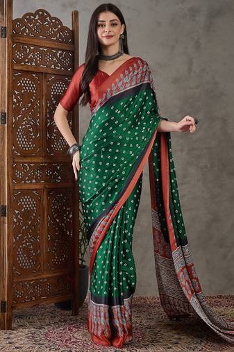 Green color Pre Pleated semi modal saree with unstitched designer blouse