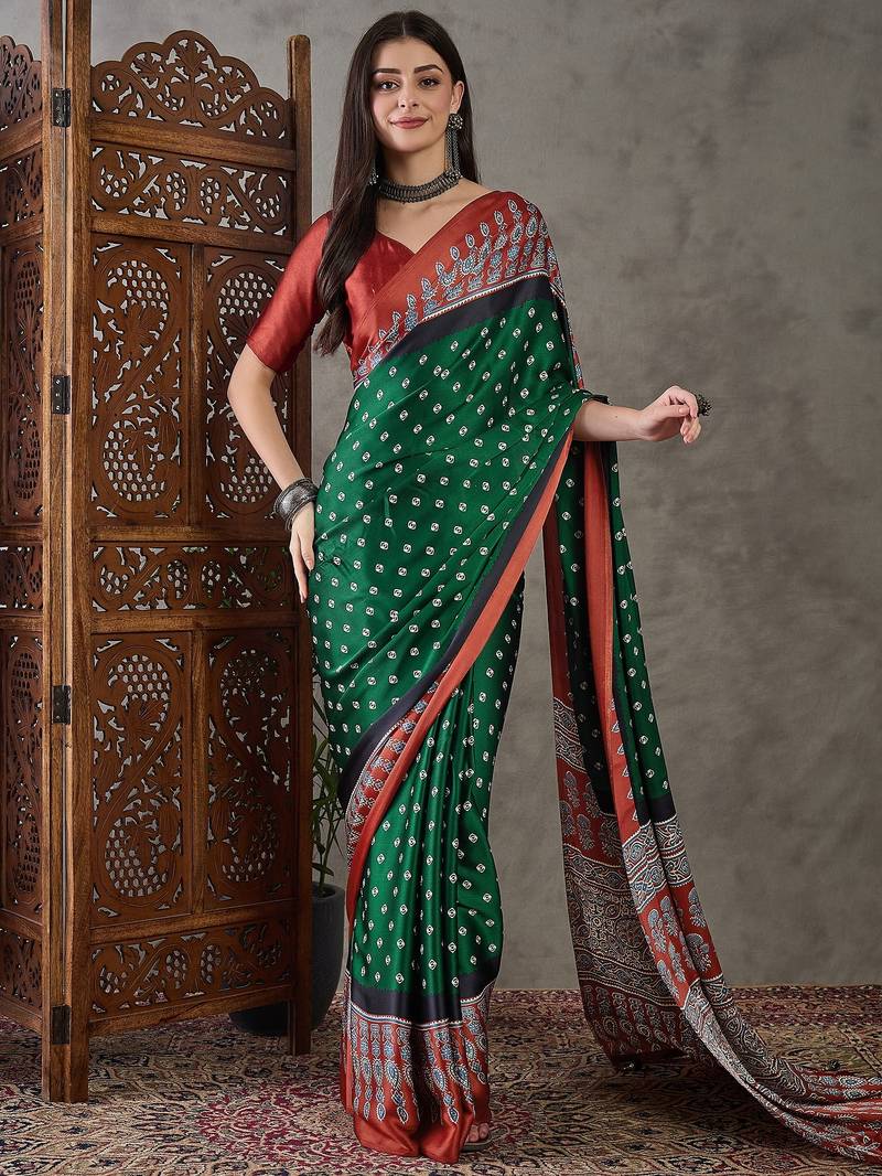 Green color ready to wear semi modal saree with unstitched designer blouse