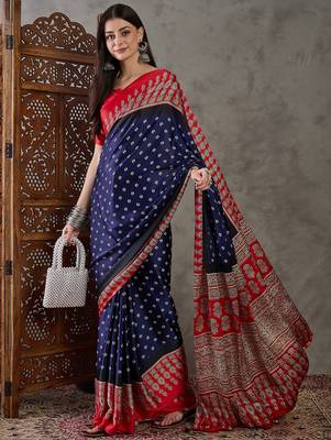 Blue color Pre Stitched semi modal saree with unstitched designer blouse 1
