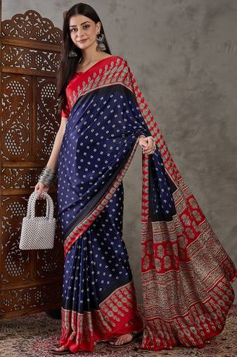 Blue color ready to wear semi modal saree with unstitched designer blouse