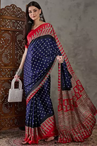 Blue color ready to wear semi modal saree with unstitched designer blouse